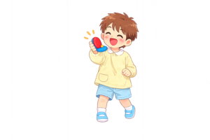 音楽に合わせてカスタネットを叩く幼稚園児の男の子のイラスト｜リズム遊びの無料素材（透過PNG・商用OK）