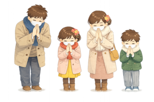 マスクを着けて初詣に訪れる着私服の家族のイラスト｜参拝シーンの無料素材（透過PNG・商用OK）