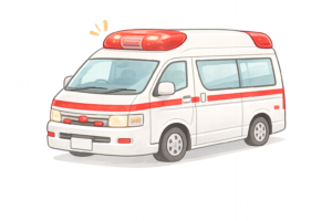 斜めから見た救急車のイラスト｜緊急車両を表す医療・防災の無料素材（透過PNG・商用OK