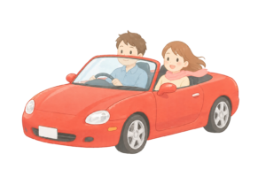 赤いオープンカーを運転する男性と助手席の女性のイラスト｜ドライブシーンの無料素材（透過PNG・商用OK）