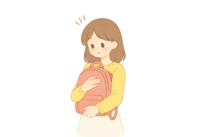 人混みでリュックを前に抱える女性のイラスト｜公共マナーを伝える無料素材（透過PNG・商用OK）