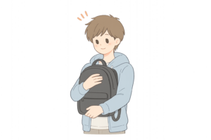 人混みでリュックを前に抱える男性のイラスト｜公共マナーを伝える無料素材（透過PNG・商用OK）