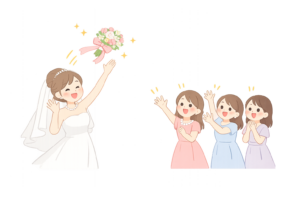 結婚式でブーケトスをする花嫁のイラスト｜未婚女性へ花束を投げる演出の無料素材（透過PNG・商用OK）