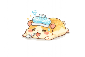 病気で倒れてしまったハムスターキャラクターのイラスト｜体調不良を表すかわいい動物無料素材（透過PNG・商用OK）