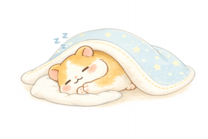 布団をかぶって眠るハムスターキャラクターのイラスト｜かわいいおやすみ動物無料素材（透過PNG・商用OK）