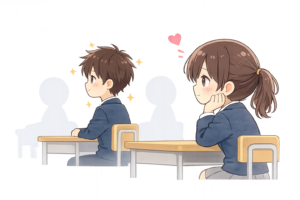 好きな男子生徒を見つめる女子生徒のイラスト｜教室の恋愛シーン無料素材（透過PNG・商用OK）