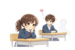 好きな女子生徒を見つめる男子生徒のイラスト｜教室の恋愛シーン無料素材（透過PNG・商用OK）