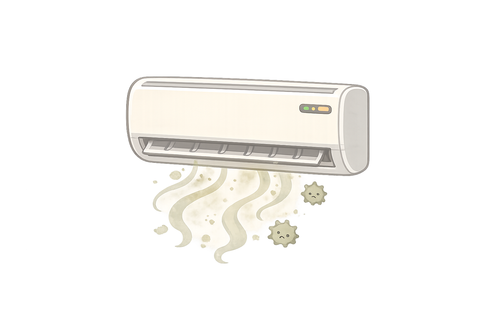 久しぶりに使ったエアコンからカビ臭い風が出るイラスト｜空調トラブル注意喚起の無料素材（透過PNG・商用OK）
