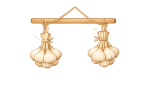 吊るして乾燥させたにんにくのイラスト｜保存食づくりを表す無料素材（透過PNG・商用OK）
