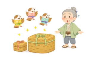 舌切り雀の大きなつづらと小さなつづらを渡されるお爺さんのイラスト｜日本昔話の無料素材（透過PNG・商用OK）