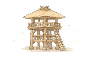 見張り用の高床建築・物見櫓（ものみやぐら）のイラスト｜歴史建築・監視施設素材（透過PNG・商用OK）