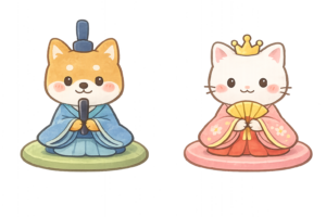 犬のお内裏様と猫のお雛様のひな祭り人形イラスト｜桃の節句・かわいい動物キャラクター素材（透過PNG・商用OK）
