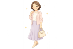 おしゃれを楽しむ笑顔の中年女性（シニア女性）のイラスト｜前向きなライフスタイル人物素材（透過PNG・商用OK）