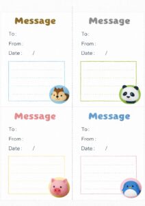 リス・パンダ・ブタ・ペンギンのスタンプ風伝言メモテンプレート｜A4・4分割の無料素材（透過PNG・商用OK）
