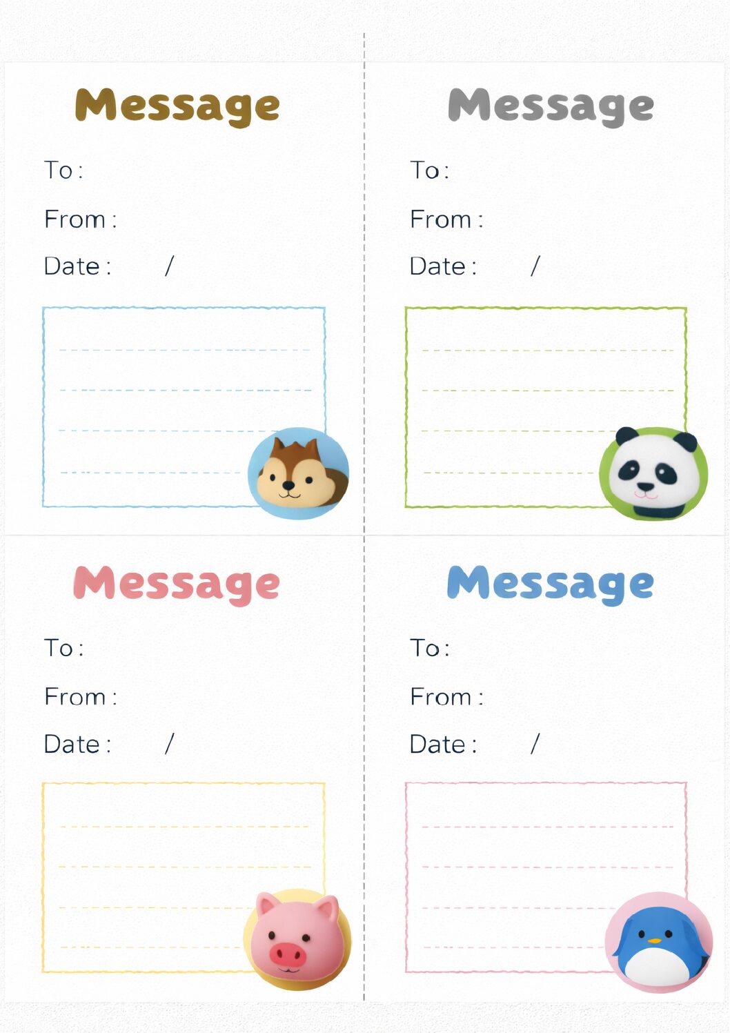 リス・パンダ・ブタ・ペンギンのスタンプ風伝言メモテンプレート|A4・4分割の無料素材(透過PNG・商用OK)