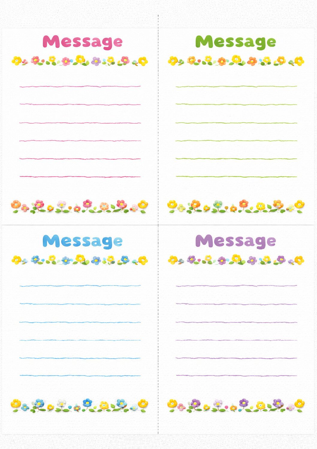 カラフルな花ラインの伝言メモテンプレート|電話メモ・A4四分割の無料素材(透過PNG・商用OK)