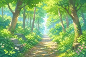 昼の森の小道の風景イラスト｜自然背景・森林散策イメージ素材（透過PNG・商用利用可）