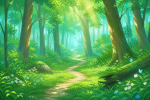 昼の森の小道の風景イラスト｜自然背景・森林散策イメージ素材（透過PNG・商用利用可）
