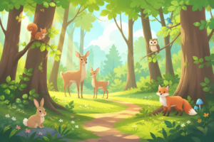 昼の森の小道の風景イラスト｜自然背景・森林散策イメージ素材（透過PNG・商用利用可）