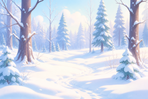冬の森の風景イラスト｜雪景色の森林背景・季節素材（透過PNG・商用利用可）