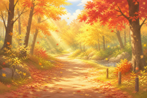 紅葉が舞う森の小道の風景イラスト｜秋の森林散策・季節背景素材（透過PNG・商用利用可）