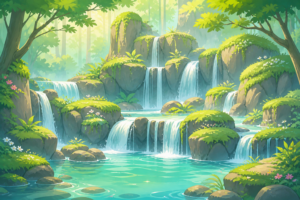 森の中の滝の風景イラスト｜森林の滝・自然背景素材（透過PNG・商用利用可）