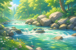 自然の中を流れる川の風景イラスト｜清流・森林の自然背景素材（透過PNG・商用利用可）