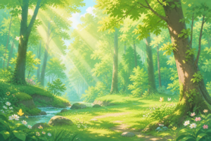 雨上がりの木漏れ日の風景イラスト｜差し込む光の森林背景素材（透過PNG・商用利用可）