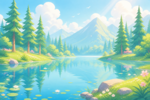 山々に囲まれた森の湖の風景イラスト｜自然の静かな湖畔背景素材（透過PNG・商用利用可）