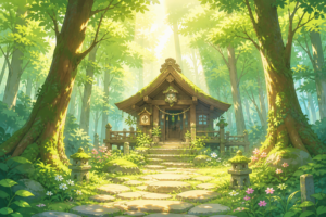 木漏れ日の差す森の神社の風景イラスト｜静かな神社と森林の背景素材（透過PNG・商用利用可）
