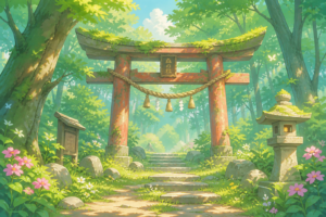 廃れた神社の風景イラスト｜荒廃した和風神社・不気味な森林背景素材（透過PNG・商用利用可）