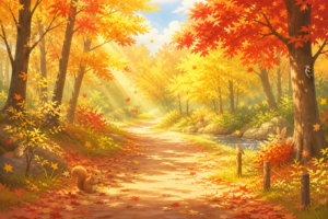 紅葉が舞う森の小道の風景イラスト｜秋の森林散策・季節背景素材（透過PNG・商用利用可）