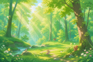 雨上がりの木漏れ日の風景イラスト｜差し込む光の森林背景素材（透過PNG・商用利用可）