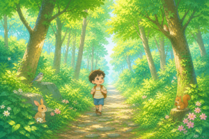 昼の森の小道の風景イラスト｜自然背景・森林散策イメージ素材（透過PNG・商用利用可）