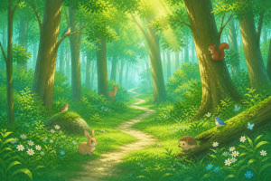 昼の森の小道の風景イラスト｜自然背景・森林散策イメージ素材（透過PNG・商用利用可）