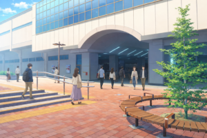 駅前風景（駅名看板なし）の背景イラスト｜街並み・無料素材（透過PNG・商用OK）
