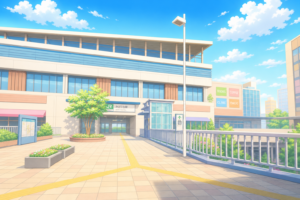 繁華街の駅前の風景イラスト｜都市の駅前広場・街並み背景素材（透過PNG・商用利用可）
