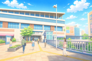 繁華街の駅前の風景イラスト｜都市の駅前広場・街並み背景素材（透過PNG・商用利用可）