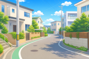 住宅街の風景イラスト｜静かな街並み・生活エリアの背景素材（透過PNG・商用利用可）