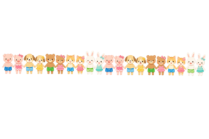 水着姿の動物キャラクターが手をつなぐ海のイラスト｜夏の海と入道雲のかわいい素材（透過PNG・商用利用可）