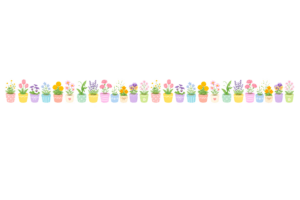 鉢植えの花が並ぶライン素材｜ガーデニング風フラワーボーダー装飾イラスト（透過PNG・商用利用可）