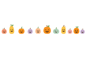 ハロウィンかぼちゃが並ぶライン素材｜ジャック・オー・ランタン装飾ボーダーイラスト（透過PNG・商用利用可）
