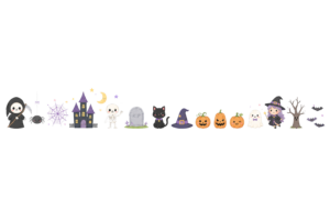 ハロウィンモチーフが並ぶライン素材｜死神・おばけ・コウモリ・かぼちゃの装飾ボーダーイラスト（透過PNG・商用利用可）