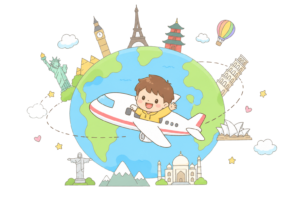 飛行機で世界一周旅行をするイメージのイラスト｜海外旅行・グローバル移動素材（透過PNG・商用OK）