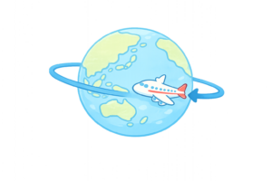 飛行機で世界一周旅行をするイメージのイラスト｜海外旅行・グローバル移動素材（透過PNG・商用OK）