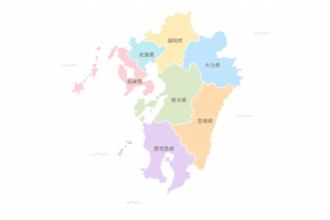 県境入りの九州地方地図イラスト｜福岡・佐賀・長崎・大分・熊本・宮崎・鹿児島の7県マップ素材（透過PNG・商用OK）