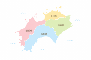 県境入りの四国地方地図イラスト｜徳島・香川・愛媛・高知の4県マップ素材（透過PNG・商用OK）