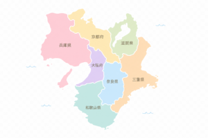 県境入りの近畿地方地図イラスト｜大阪・京都・兵庫・奈良・三重・滋賀・和歌山の2府5県マップ素材（透過PNG・商用OK）