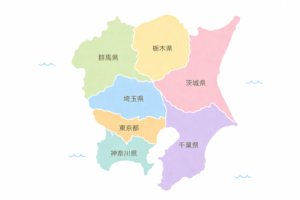 県境入りの関東地方地図イラスト｜東京都・神奈川・埼玉・千葉・茨城・栃木・群馬の1都6県マップ素材（透過PNG・商用OK）
