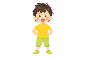 自信たっぷりに腰に手を当てる元気な男の子のイラスト｜強気な表情・ポーズ人物素材（透過PNG・商用OK）